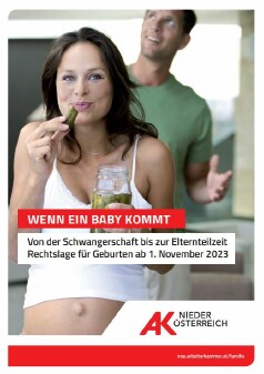  Cover des Ratgebers: Wenn ein Baby kommt (Schwangere isst ein Essiggurkerl, Mann im Hintergrund lächelt und verdreht die Augen nach oben.)