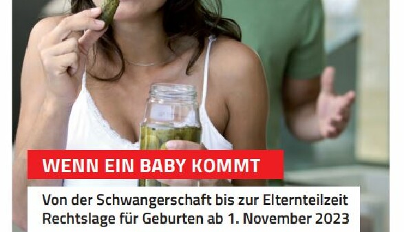  Cover des Ratgebers: Wenn ein Baby kommt (Schwangere isst ein Essiggurkerl, Mann im Hintergrund lächelt und verdreht die Augen nach oben.)