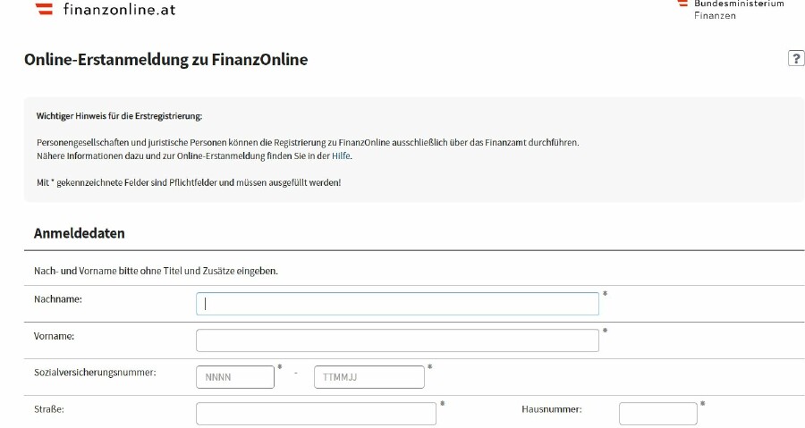 Anmeldemaske: Online-Erstanmeldung zu FinanzOnline