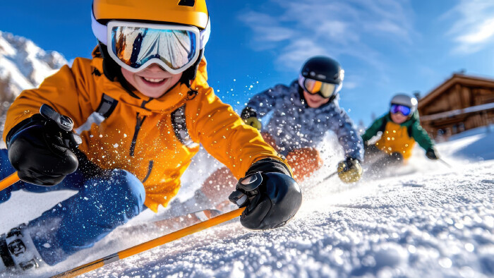 drei Kinder fahren Ski und blicken in die Kamera