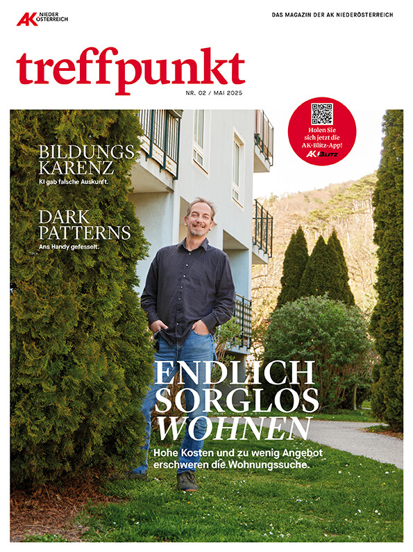 Cover des AK Mitgliedermagazins zeigt einen Mann vor einer Wohnhausanlage. © Thomas Topf, AK Niederösterreich Endlich sorgenlos wohnen. Die Covergeschichte des AK-Mitgliedermagazins sich mit dem Thema Leistbares Wohnen.