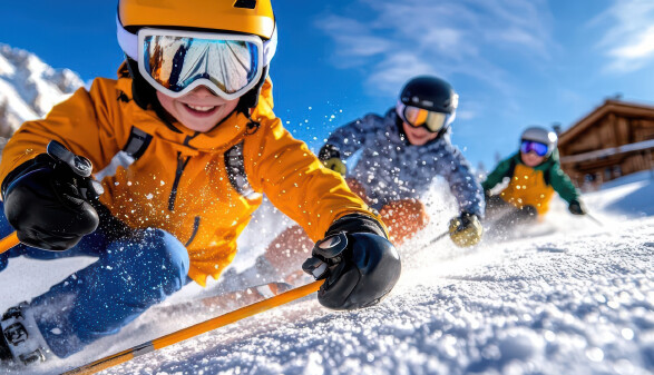 drei Kinder fahren Ski und blicken in die Kamera