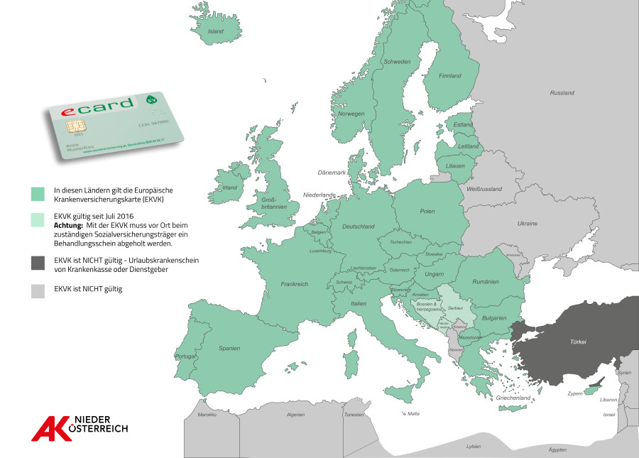 Europagrafik: In diesen Ländern ist die e-card gültig. © , AK Niederösterreich Grafik: In diesen Ländern ist die ecard gültig. © , AK Niederösterreich
