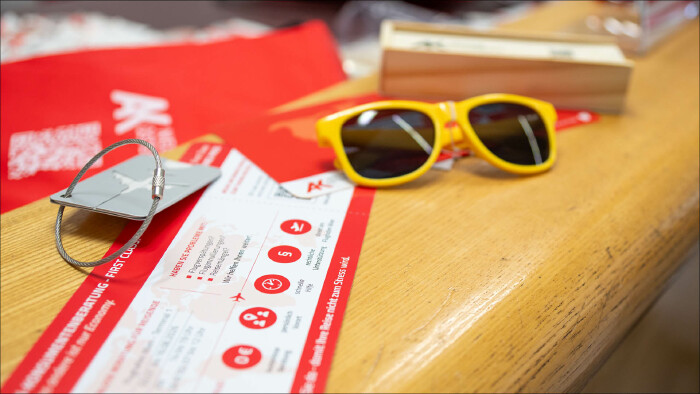 Flugticket, Sonnenbrille und Kofferanh&auml;nger
