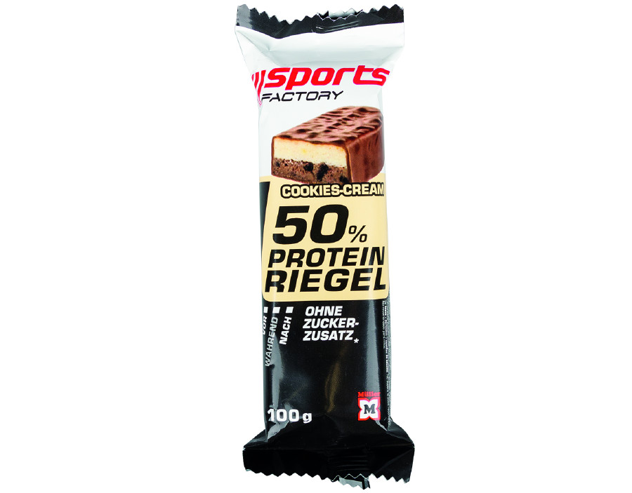 Sports Factory 50 % Protein Riegel Cookies –Cream © , VKI Proteinriegel Sports Factory 50 % Protein Riegel Cookies –Cream © , VKI